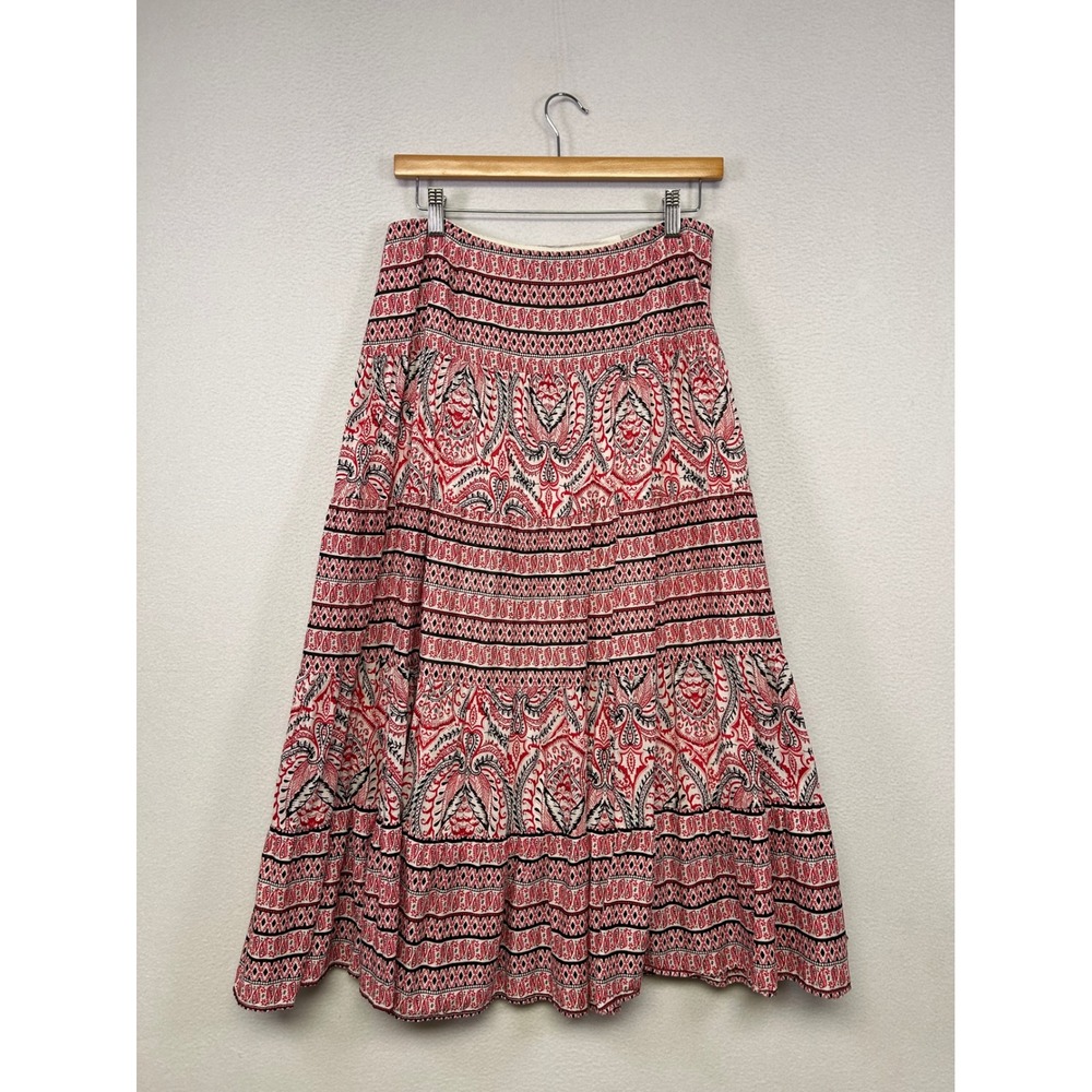 Boho Paisley Peasant Chaps Denim Womens 4 Red Tiered Maxi Skirt Festival Hippie